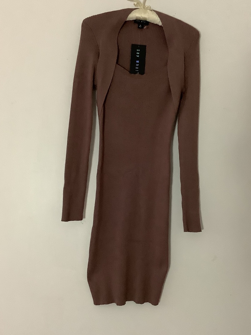 Ribbed Long Sleeve One Piece Brown Bodycon Dress